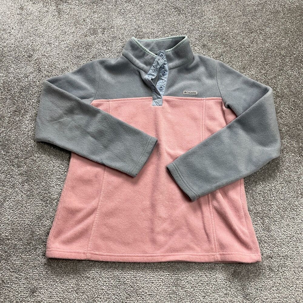 Columbia Jacket Girl Large 14-16 Gray Pink High Neck Fleece Long Sleeve Pullover